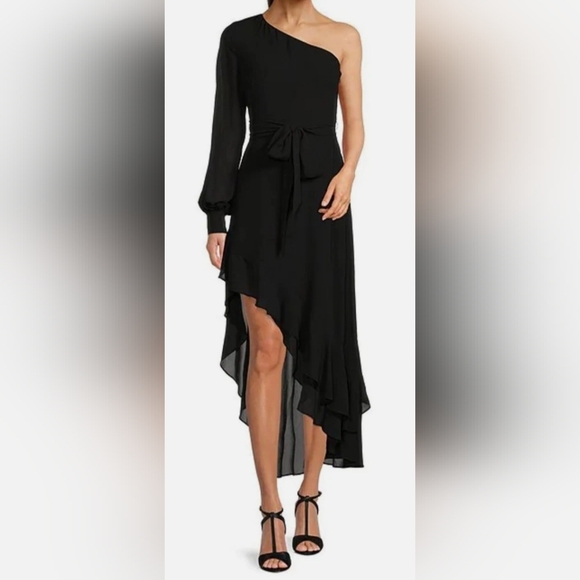 NWT Belle Badgley Mischka One-Shoulder Asymmetrical Bailey Dress: Black:Size- 14 - Picture 1 of 14